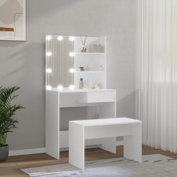 Ensemble de coiffeuse avec LED Blanc Bois d'ingénierie – Image 2
