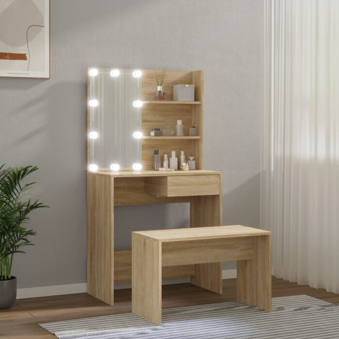 Ensemble de coiffeuse avec LED Chêne Sonoma Bois d'ingénierie – Image 2