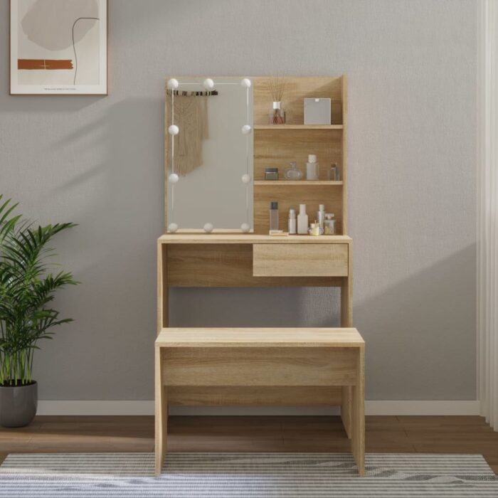 Ensemble de coiffeuse avec LED Chêne Sonoma Bois d'ingénierie – Image 1