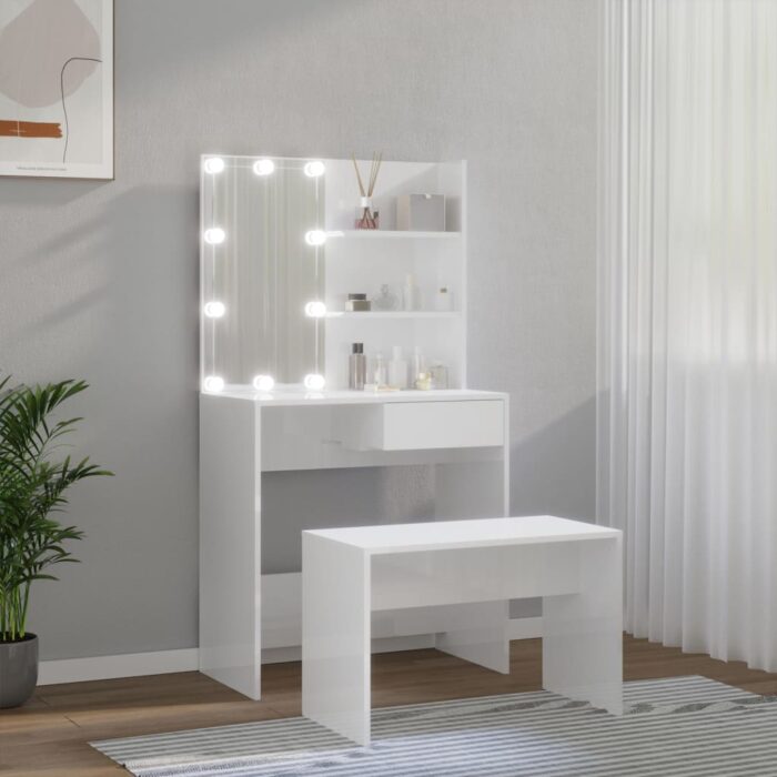 Ensemble de coiffeuse avec LED Blanc brillant Bois d'ingénierie – Image 2