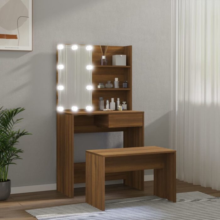 Ensemble de coiffeuse avec LED Chêne marron Bois d'ingénierie – Image 2