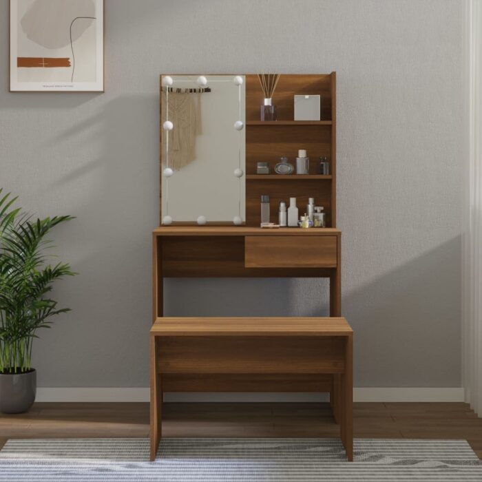 Ensemble de coiffeuse avec LED Chêne marron Bois d'ingénierie – Image 1
