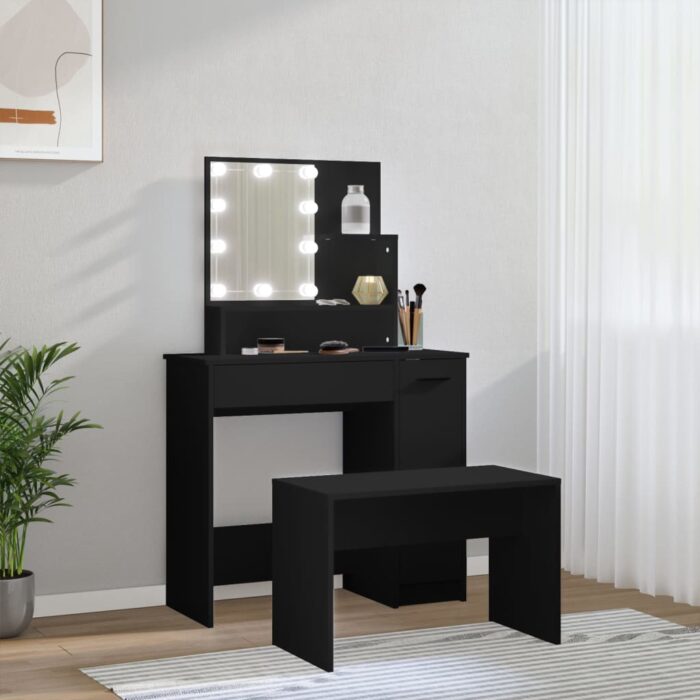 Ensemble de coiffeuse avec LED Noir Bois d'ingénierie – Image 2