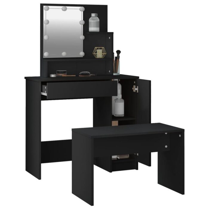 Ensemble de coiffeuse avec LED Noir Bois d'ingénierie – Image 3