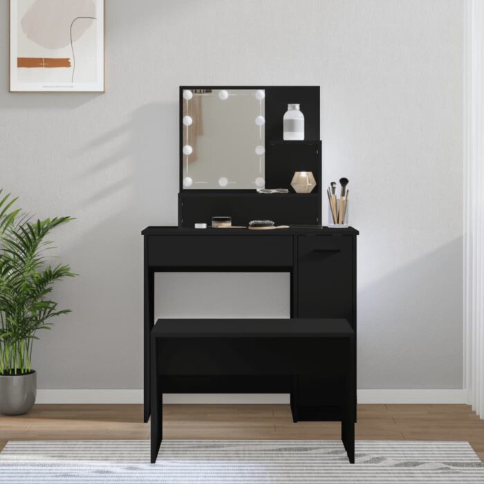 Ensemble de coiffeuse avec LED Noir Bois d'ingénierie – Image 1
