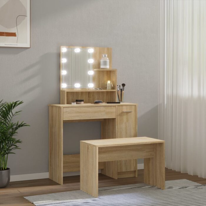 Ensemble de coiffeuse avec LED Chêne sonoma Bois d'ingénierie – Image 2