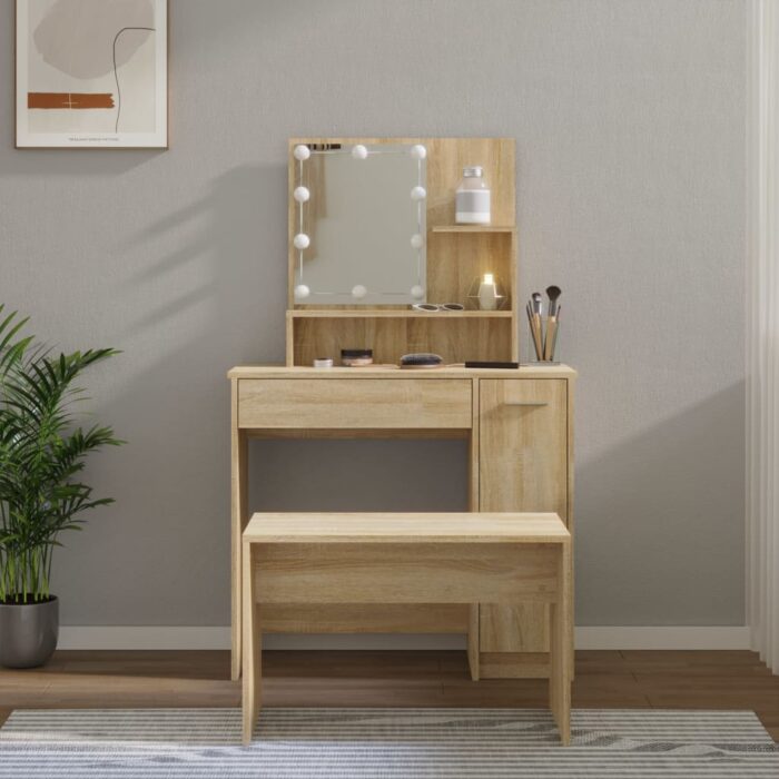 Ensemble de coiffeuse avec LED Chêne sonoma Bois d'ingénierie – Image 1