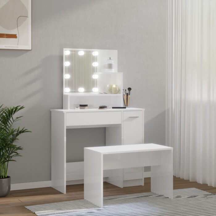 Ensemble de coiffeuse avec LED Blanc brillant Bois d'ingénierie – Image 2