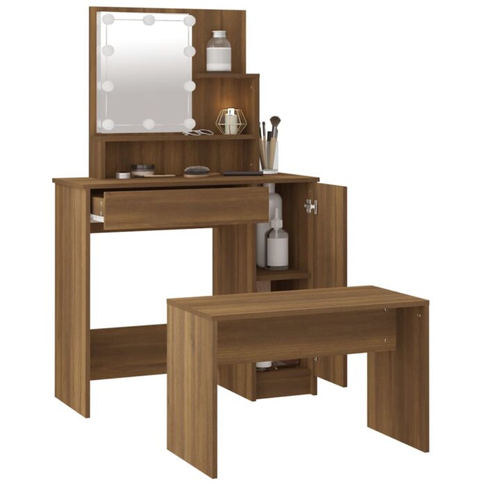 Ensemble de coiffeuse avec LED Chêne marron Bois d'ingénierie – Image 3
