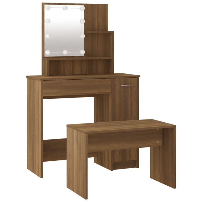 Ensemble de coiffeuse avec LED Chêne marron Bois d'ingénierie – Image 4