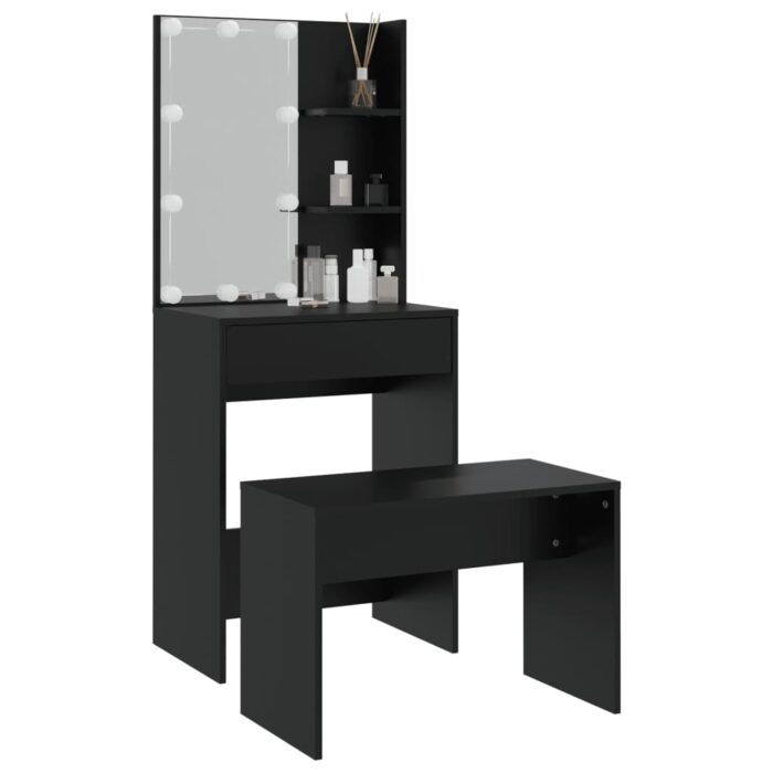 Ensemble de coiffeuse avec LED Noir Bois d'ingénierie – Image 2