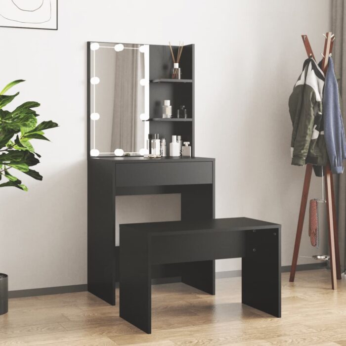 Ensemble de coiffeuse avec LED Noir Bois d'ingénierie – Image 1
