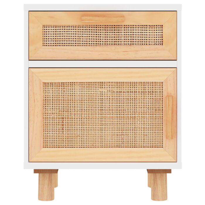 Table de chevet Blanc Bois de pin massif et rotin naturel – Image 2