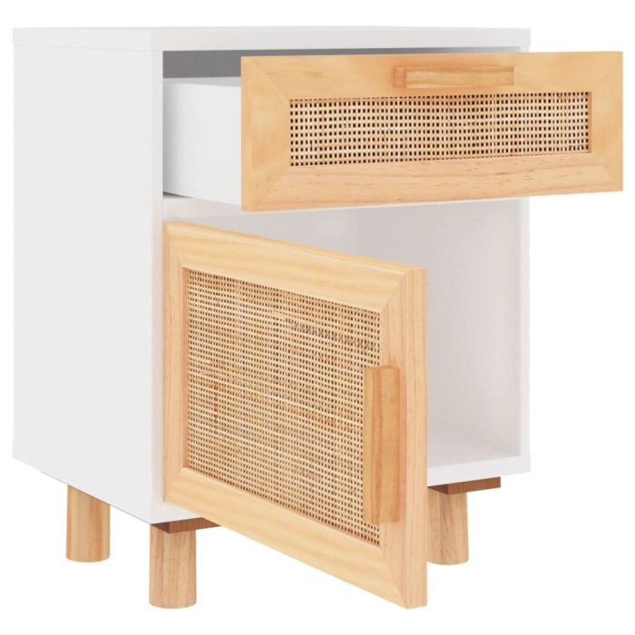 Table de chevet Blanc Bois de pin massif et rotin naturel – Image 3