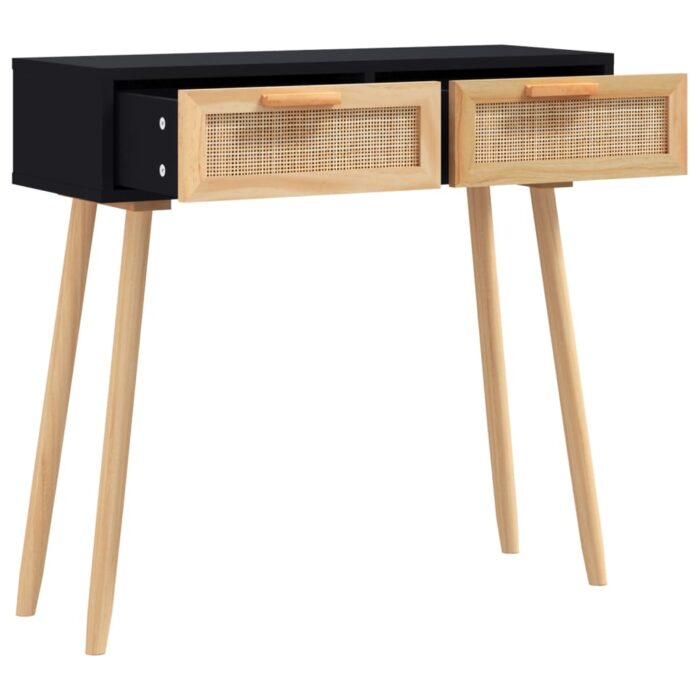 Table console Noir 80x30x75 cm Bois massif pin /rotin naturel – Image 2