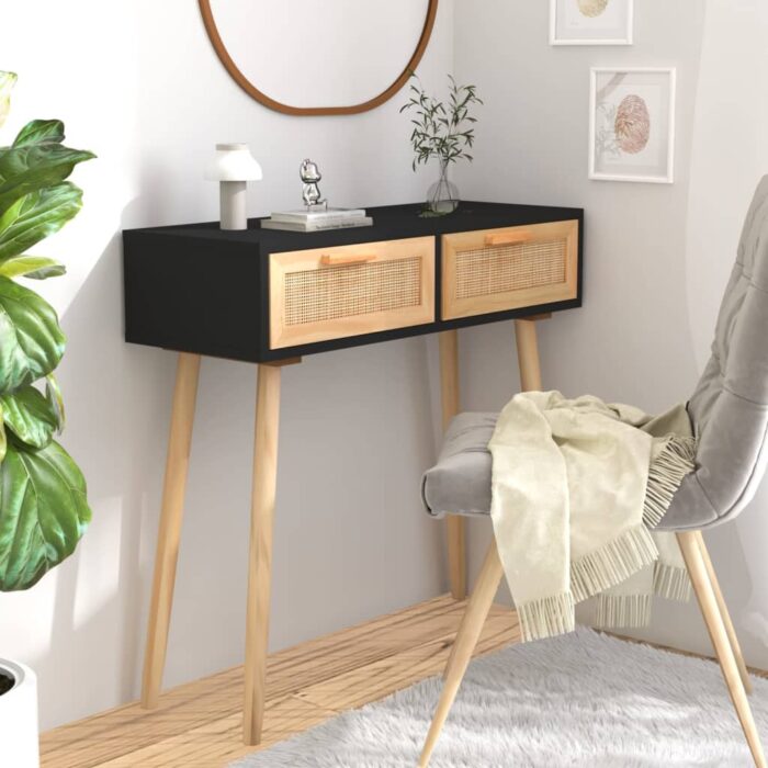 Table console Noir 80x30x75 cm Bois massif pin /rotin naturel – Image 1