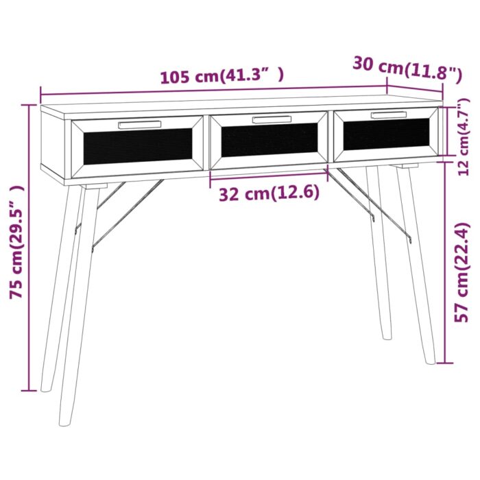 Table console Blanc 105x30x75 cm Bois massif pin /rotin naturel – Image 4