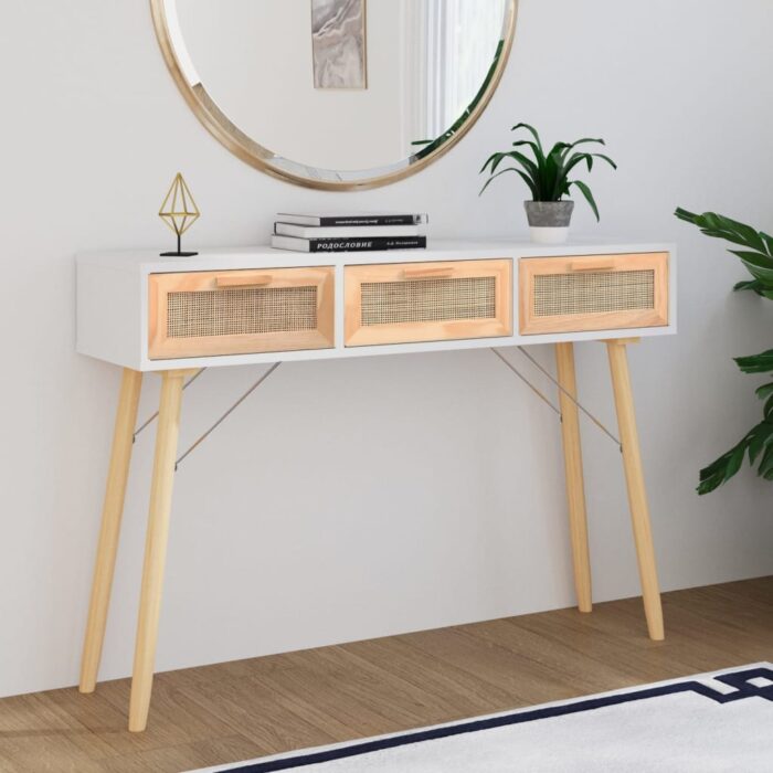 Table console Blanc 105x30x75 cm Bois massif pin /rotin naturel – Image 1