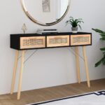 Table console Noir 105x30x75 cm Bois massif pin /rotin naturel