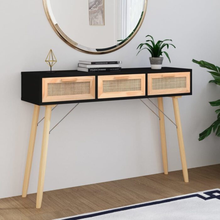 Table console Noir 105x30x75 cm Bois massif pin /rotin naturel – Image 1