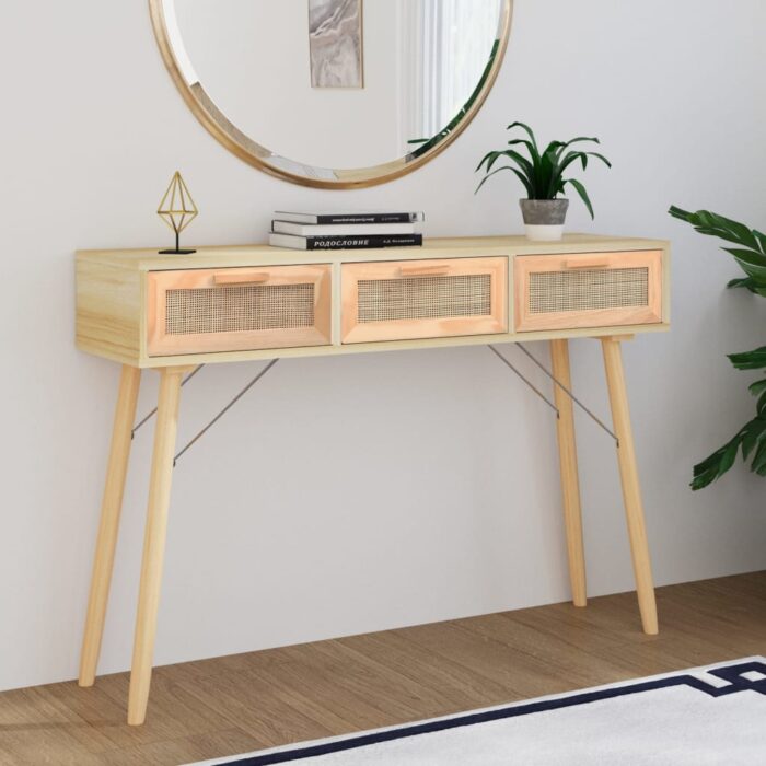 Table console Marron 105x30x75cm Bois massif pin /rotin naturel – Image 1