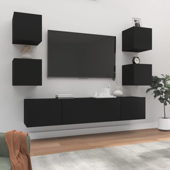 Ensemble de meubles TV 6 pcs Noir Bois d'ingénierie – Image 1