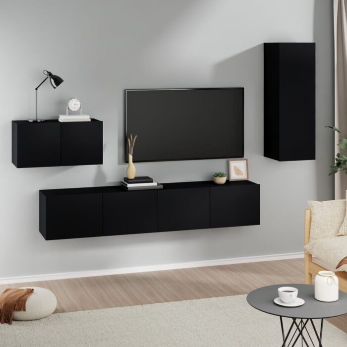 Ensemble de meubles TV 4 pcs Noir Bois d'ingénierie – Image 1