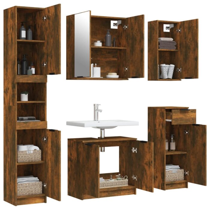 Meubles de salle de bain 5 pcs Chêne fumé Bois d'ingénierie – Image 2