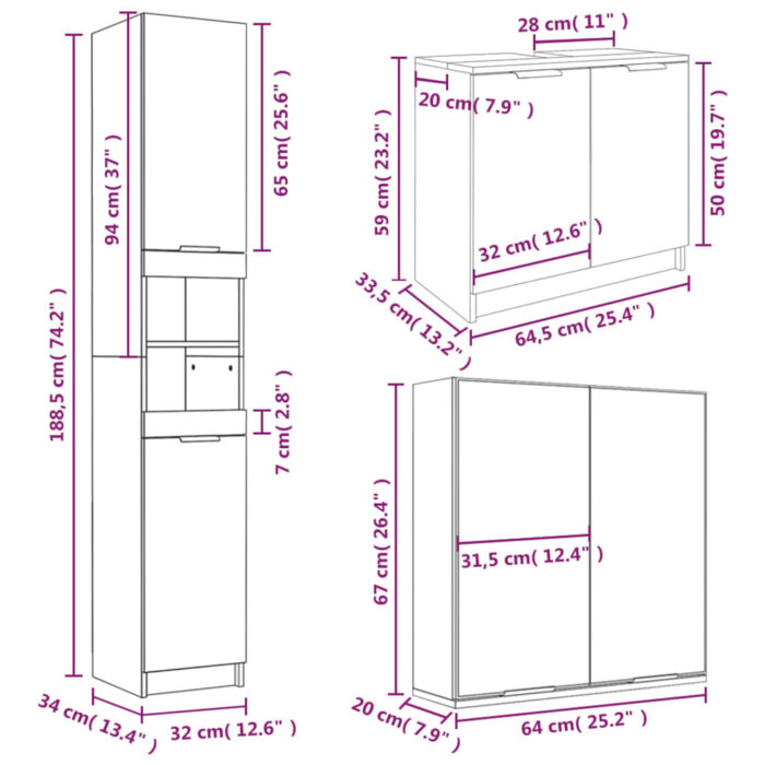 Ensemble d'armoires de salle de bain 3 pcs chêne fumé – Image 7