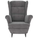 Fauteuil à oreilles avec tabouret gris clair velours – Image 2