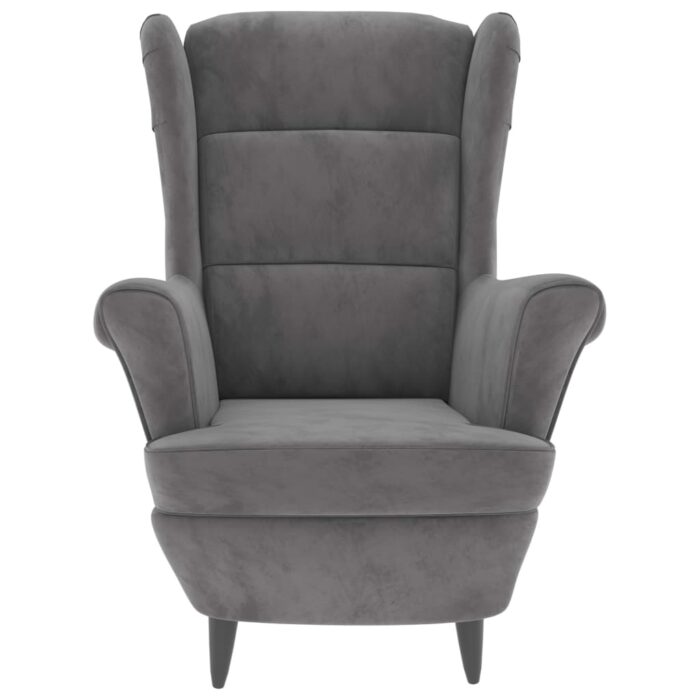 Fauteuil à oreilles avec tabouret gris clair velours – Image 2