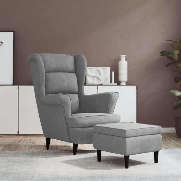 Fauteuil à oreilles avec tabouret gris clair velours – Image 1