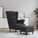 Fauteuil à oreilles avec tabouret gris foncé velours