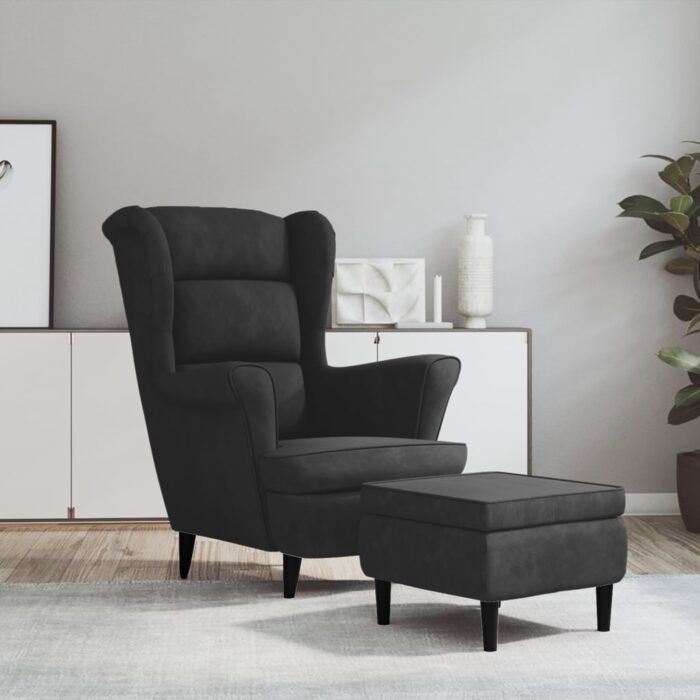 Fauteuil à oreilles avec tabouret gris foncé velours – Image 1