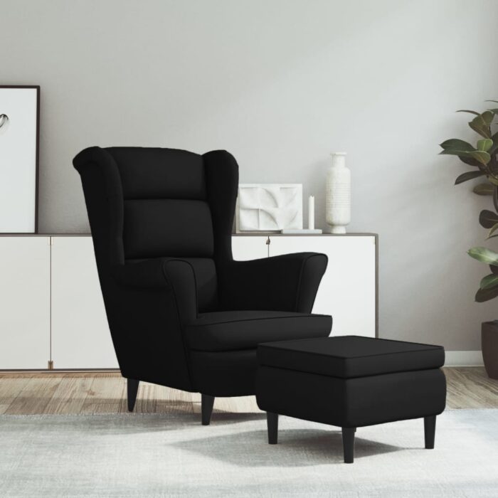 Fauteuil à oreilles avec tabouret noir velours – Image 1