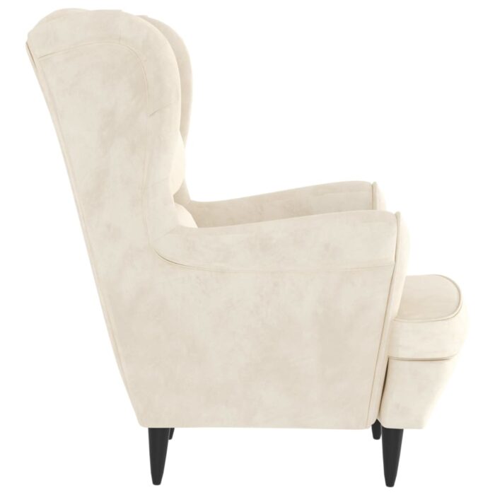 Fauteuil à oreilles avec tabouret crème velours – Image 3