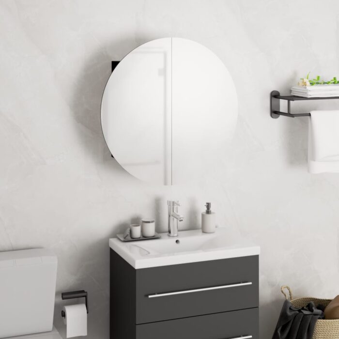 Armoire de salle de bain miroir rond et LED Noir 40x40x17,5 cm – Image 1