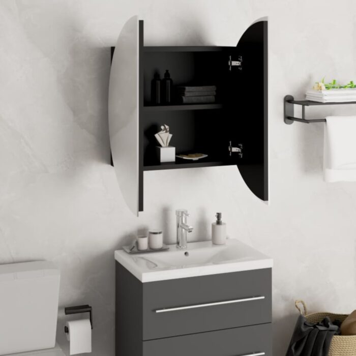 Armoire de salle de bain miroir rond et LED Noir 47x47x17,5 cm – Image 2