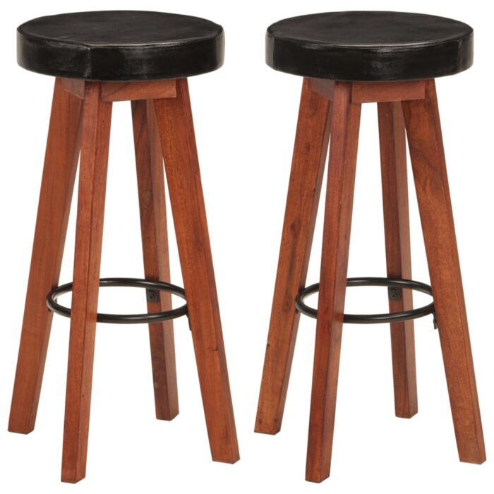 Tabourets de bar 2 pcs Cuir véritable et bois d'acacia solide – Image 1