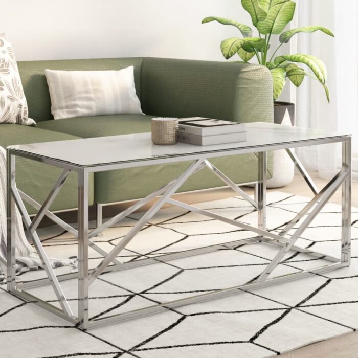 Table basse argenté acier inoxydable et verre trempé – Image 1