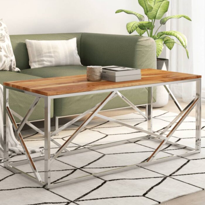 Table basse argenté acier inoxydable et bois massif d'acacia – Image 1