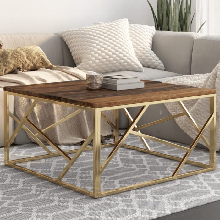 Table basse doré acier inoxydable et bois de mélèze massif – Image 1