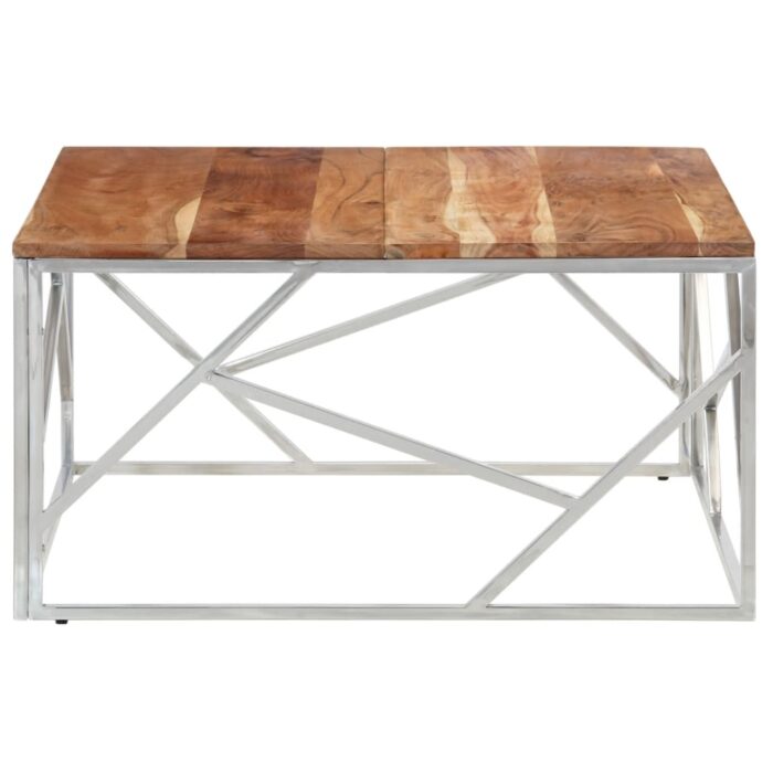 Table basse argenté acier inoxydable et bois massif d'acacia – Image 2