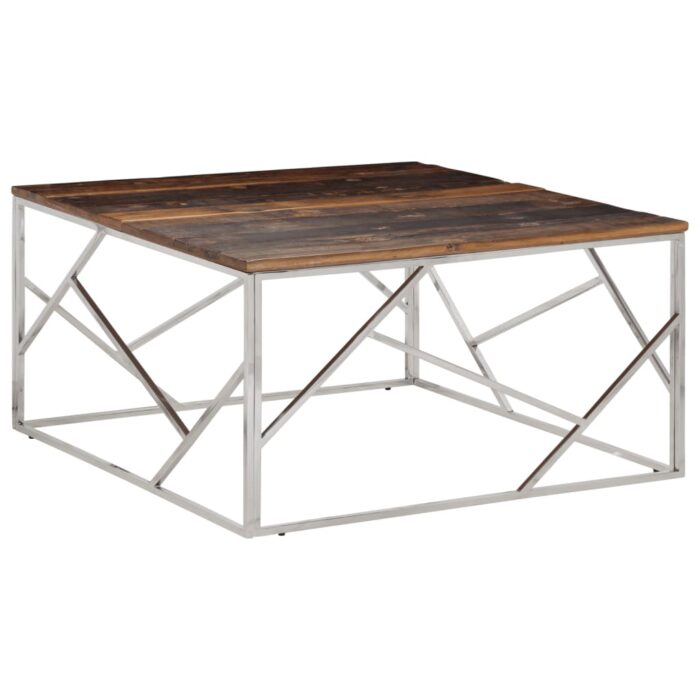 Table basse argenté acier inoxydable et bois de mélèze massif – Image 1