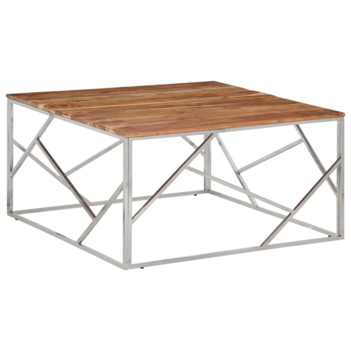 Table basse argenté acier inoxydable et bois massif d'acacia – Image 1