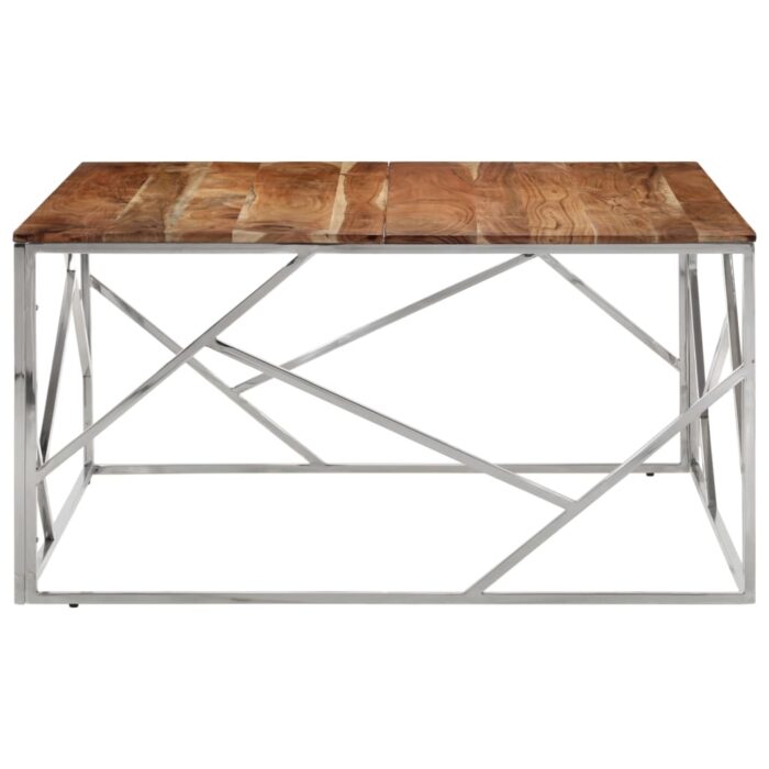 Table basse argenté acier inoxydable et bois massif d'acacia – Image 2