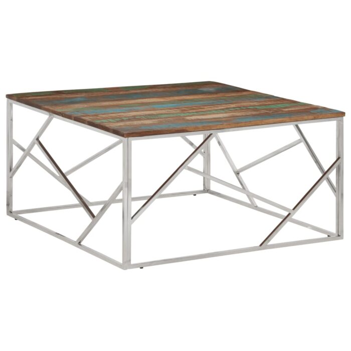 Table basse argenté acier inoxydable/bois massif récupération – Image 1