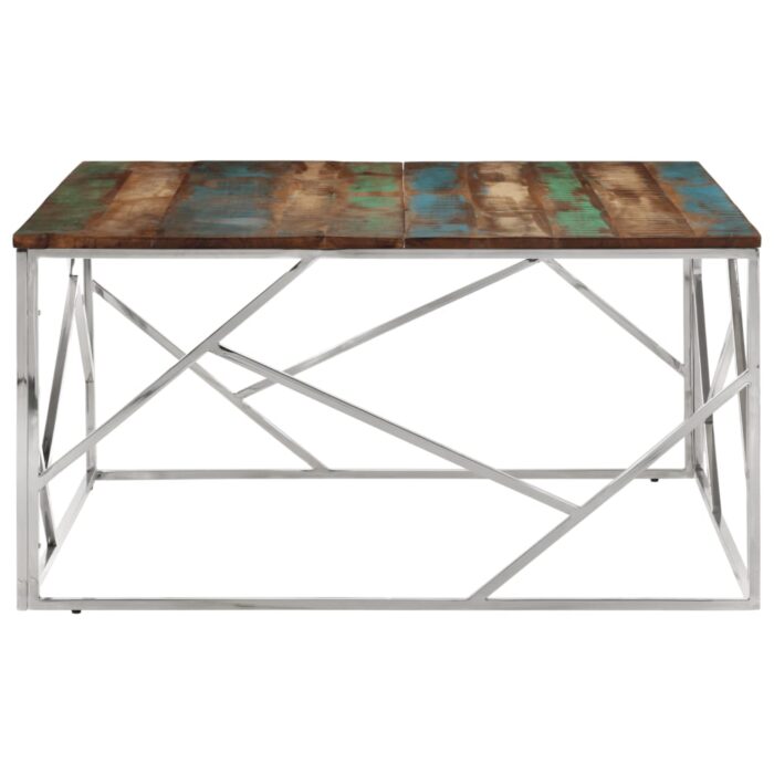 Table basse argenté acier inoxydable/bois massif récupération – Image 2