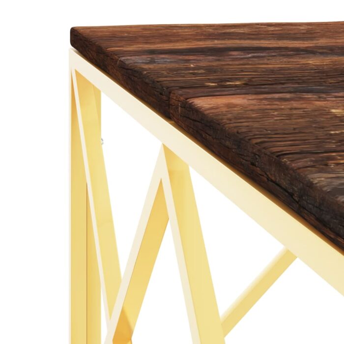 Table basse doré acier inoxydable et bois massif récupération – Image 3