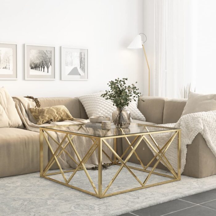 Table basse doré acier inoxydable et verre trempé – Image 1